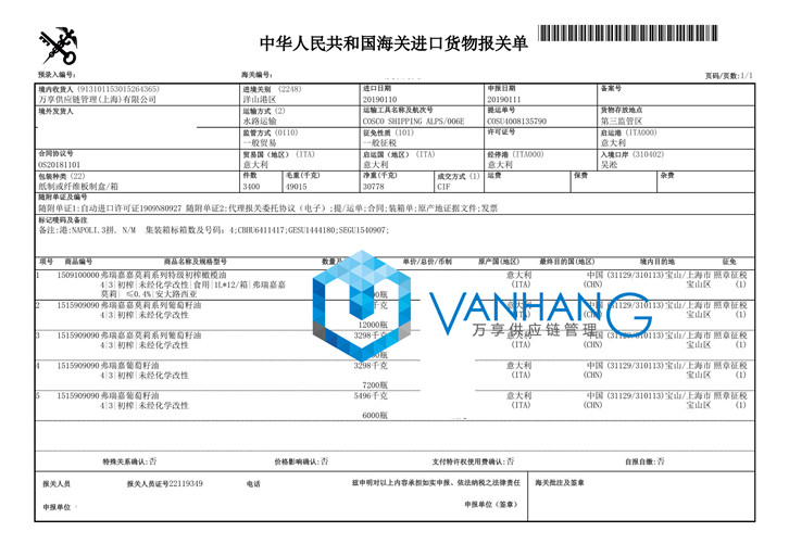 進口意大利食用油清關 進口意大利食用油清關